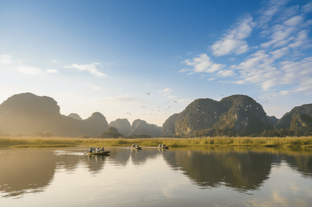 A boat journey through Van Long reveals poetic scenery where still waters reflect majestic limestone mountains